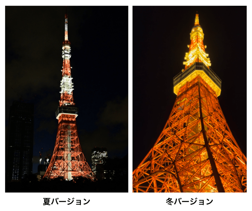 東京タワー：ランドマークライトの夏バージョン、冬バージョンのライトアップ
